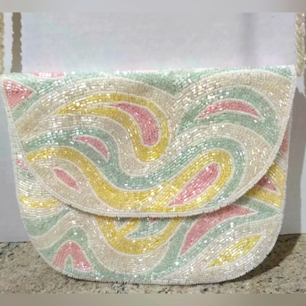 Vintage Glass Tube Seed Beaded Bag Purse - Pristine! Pink Green Yellow White
